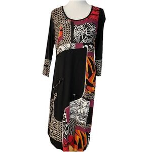 Linea Domani Artsy Colorful Dress XL Faux Patchwork Pocket Black Red Festival